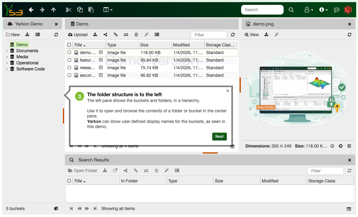 Bucket and folder hierarchy on the left